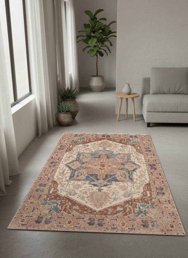 Kahverengi Terrakota Zemin Krem Bej Büyük Çiçekli Sarmaşık Madalyon Heriz Persian Vintage Salon Halısı