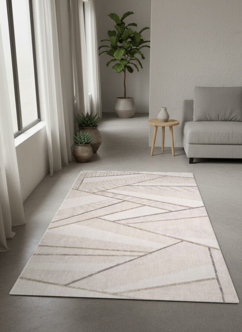 Krem Bej Zemin Gri Konturlu Diyagonal Kesişen Şeritli Soyut Modern Minimalist Salon Halısı