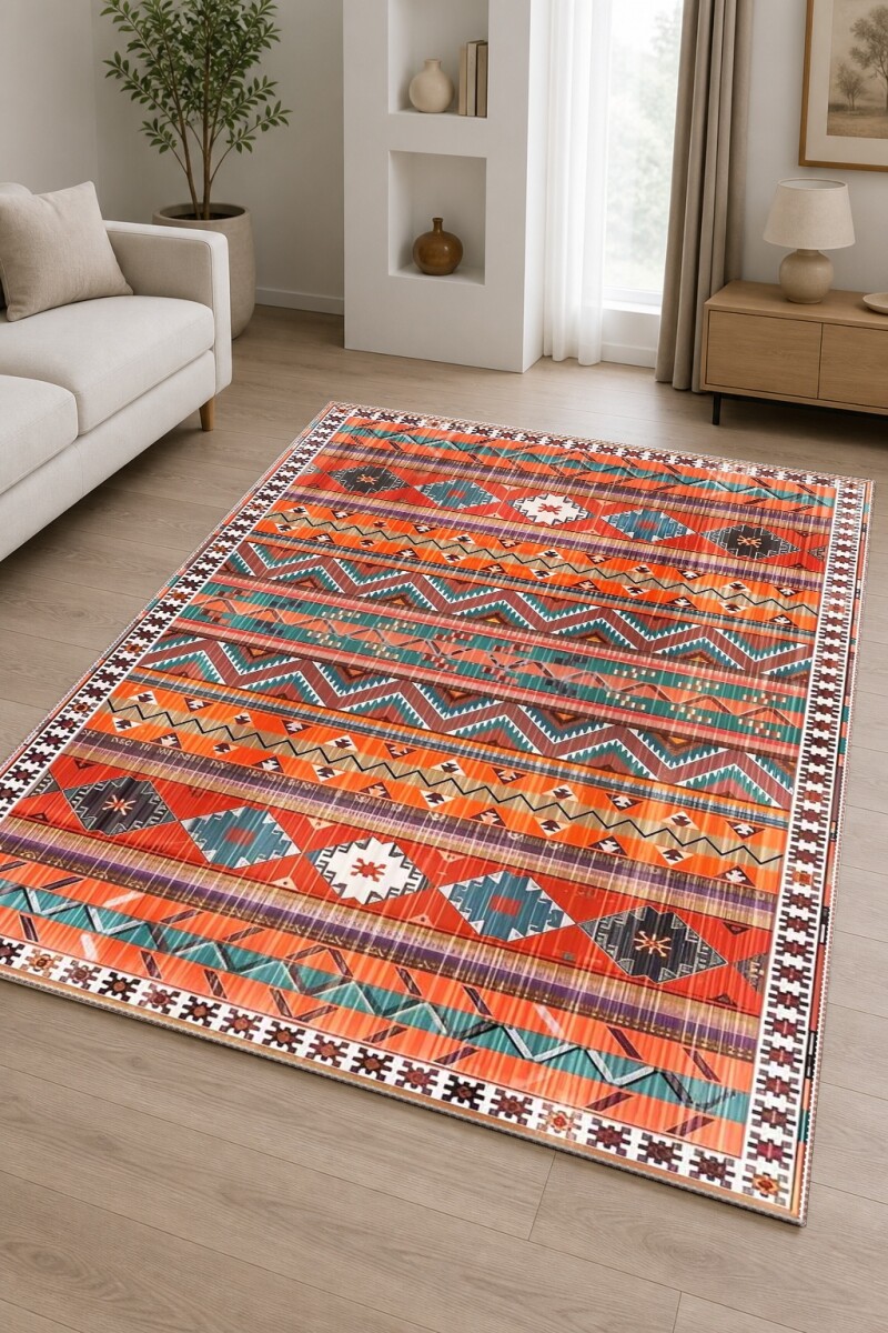 Turuncu Terrakota Baskın Çok Renkli Yatay Şeritli Zigzag Navajo Kafkas Geometrik Etnik Salon Halısı