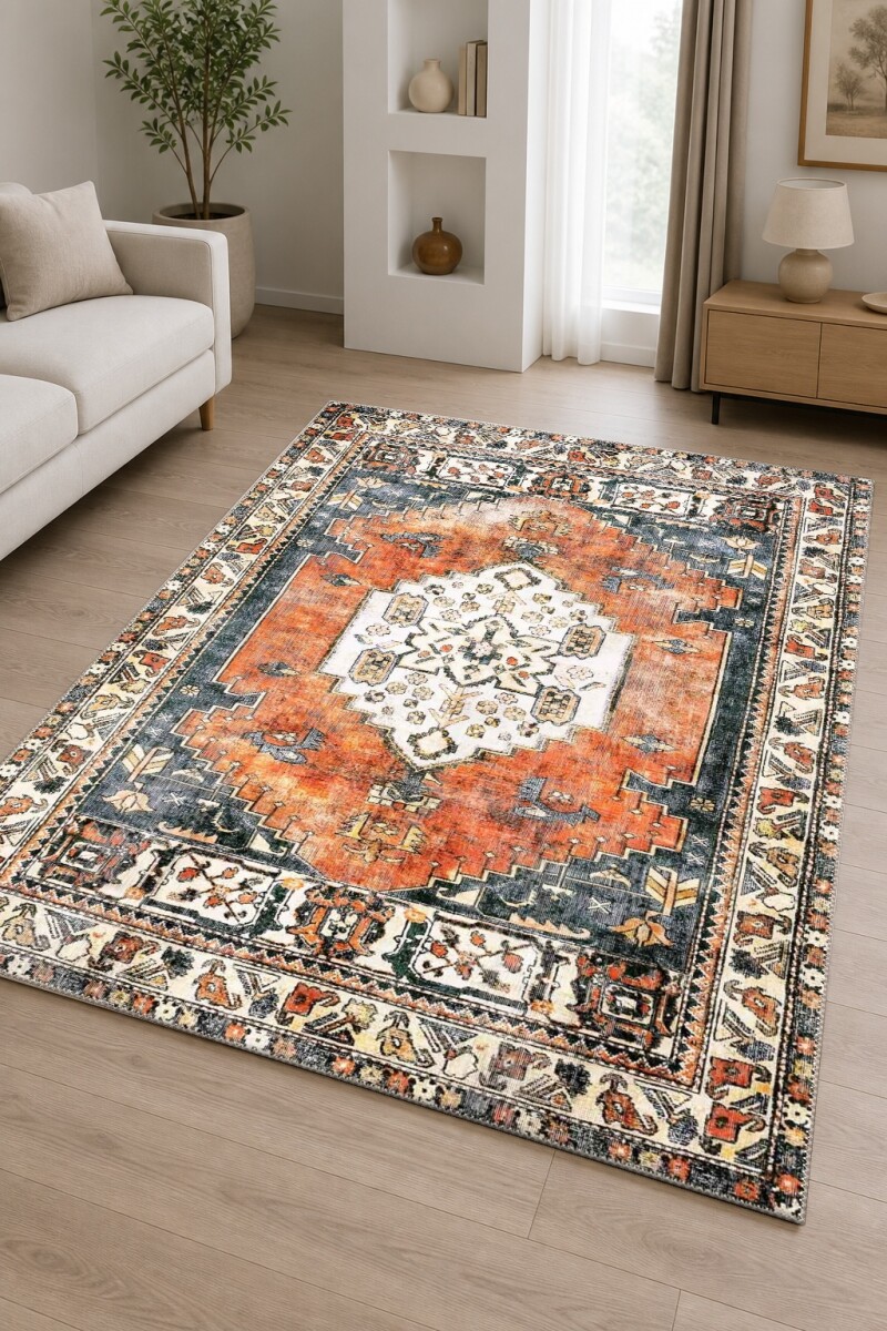 Terrakota Turuncu Zemin Krem Merkezi Madalyon Çiçekli Serapi Heriz Persian Eskitme Vintage Salon Halısı