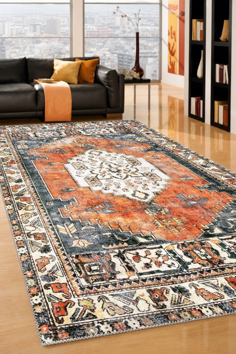 Terrakota Turuncu Zemin Krem Merkezi Madalyon Çiçekli Serapi Heriz Persian Eskitme Vintage Salon Halısı