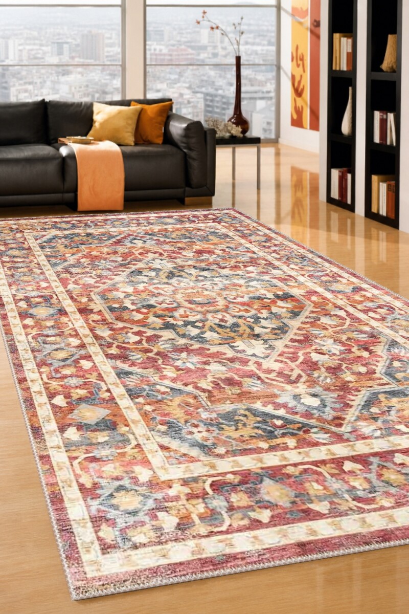 Çok Renkli Terrakota Kırmızı Bej Mavi Heriz Serapi Büyük Madalyon Çiçekli Eskitme Vintage Salon Halısı
