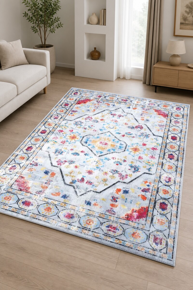 Gri Açık Zemin Çok Renkli Fuşya Mavi Büyük Madalyon Çiçekli Eskitme Vintage Modern Persian Salon Halısı