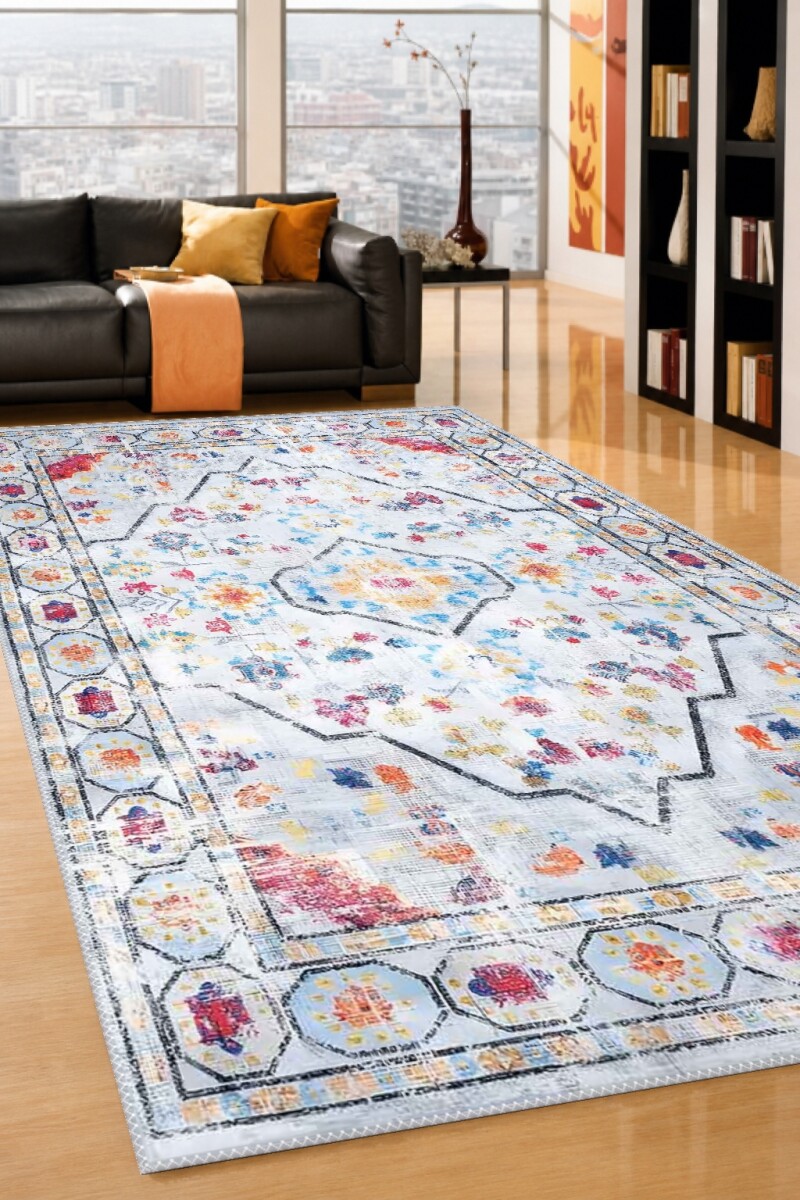 Gri Açık Zemin Çok Renkli Fuşya Mavi Büyük Madalyon Çiçekli Eskitme Vintage Modern Persian Salon Halısı