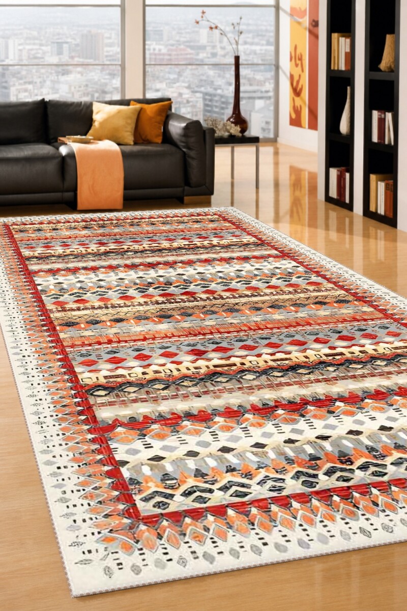 Krem Beyaz Zemin Çok Renkli Yatay Şeritli Baklava Geometrik Kafkas Etnik Kilim Salon Halısı
