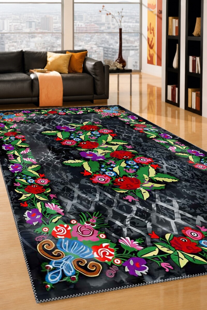 Siyah Koyu Zemin Çok Renkli Kırmızı Pembe Mor Çiçek Buketi Gül Sarmaşık Moldovan Kilim Salon Halısı