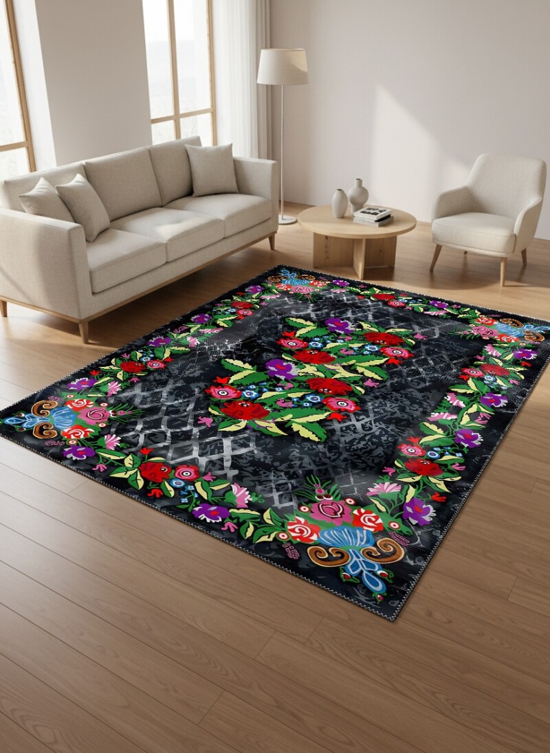 Siyah Koyu Zemin Çok Renkli Kırmızı Pembe Mor Çiçek Buketi Gül Sarmaşık Moldovan Kilim Salon Halısı