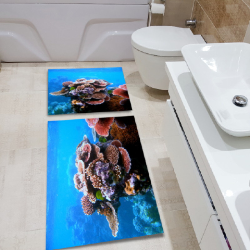 Deniz Altı Büyüleyici Resifler Banyo Paspas Seti – Okyanus Mavisi Mercan Derin