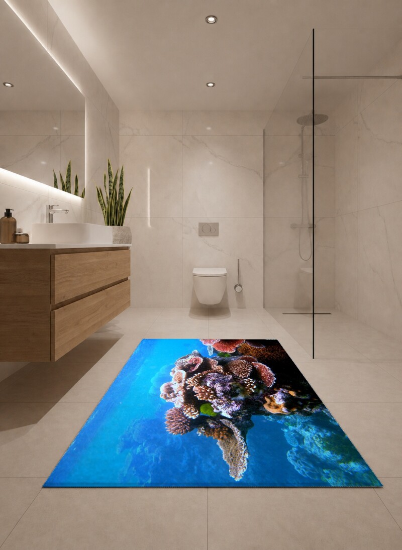 Deniz Altı Büyüleyici Resifler Banyo Paspas Seti – Okyanus Mavisi Mercan Derin