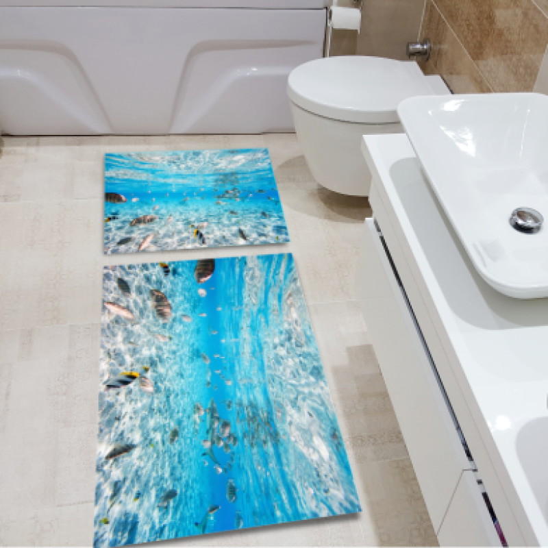 Deniz Altı Renkli Yaşamı İkili Banyo Paspas Seti – Berrak Turkuaz Tropikal Balıklar