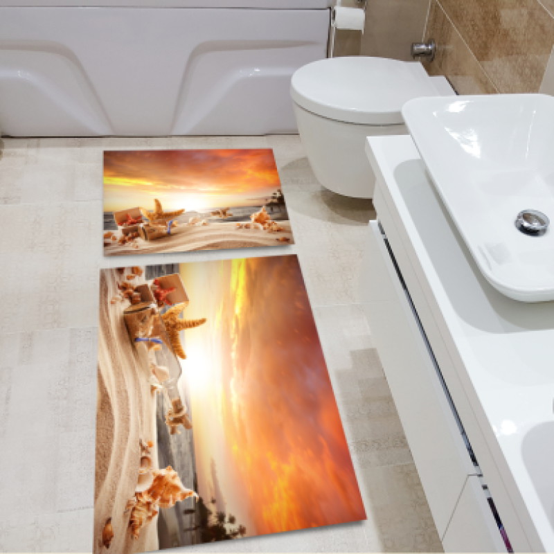 Deniz Kabukları Şişe Kumsal Gökyüzü İkili Banyo Paspas Seti – Gün Batımı Romantik Şişeye Mesaj