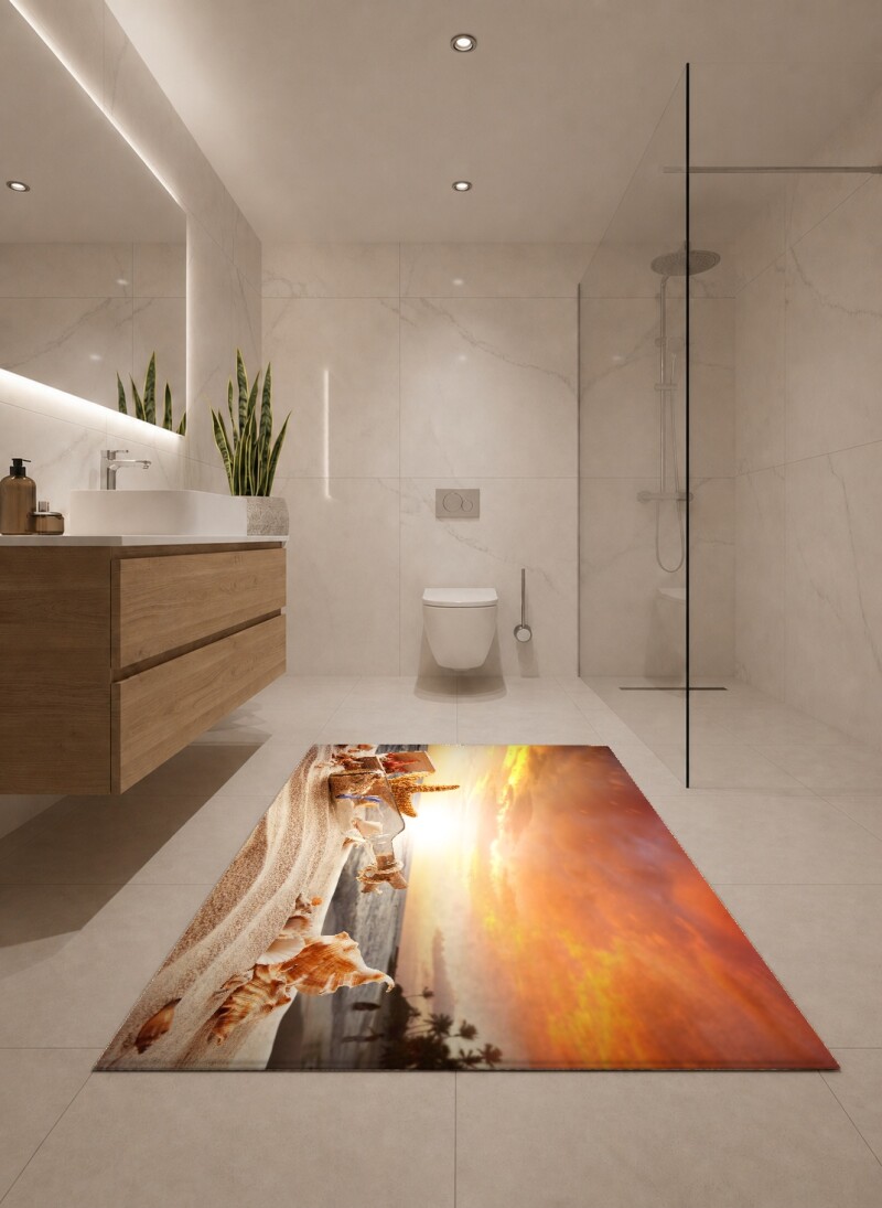 Deniz Kabukları Şişe Kumsal Gökyüzü İkili Banyo Paspas Seti – Gün Batımı Romantik Şişeye Mesaj