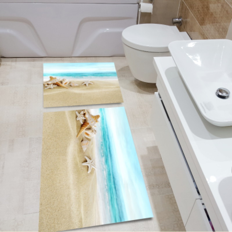 Deniz Kumsal Deniz Kabukları İkili Banyo Paspas Seti – Turkuaz Deniz Kabuk Yıldız