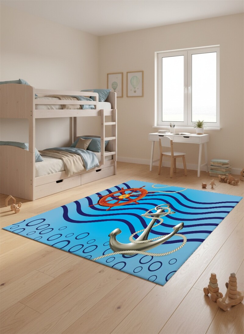 Denizci Çocuk Halısı – Çapa Deniz Yıldızı Midye Kabuğu Lacivert Beyaz Nautik