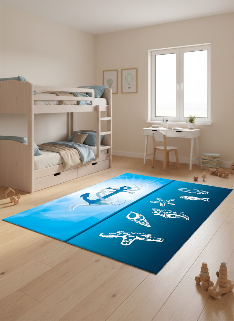 Denizci Çocuk Halısı – Çapa Deniz Yıldızı Midye Kabuğu Lacivert Beyaz Nautik