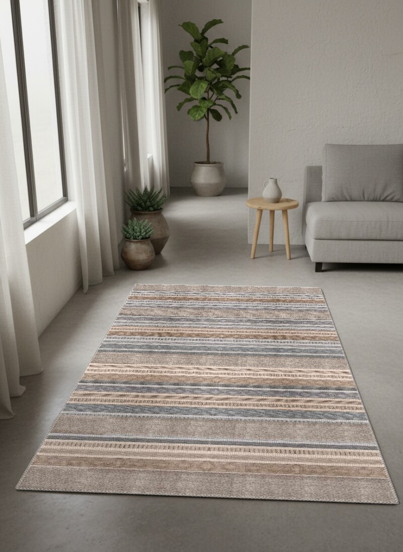 Doğal Renkli Kilim Şeritli Dekoratif Salon Halısı – Bej Gri Kahverengi