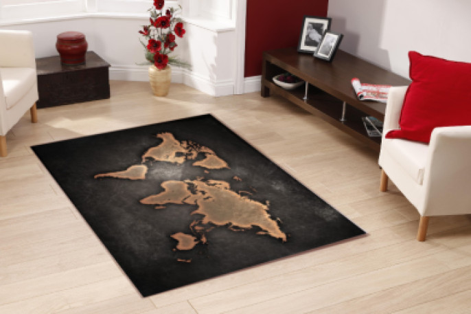 Dünya Haritası Koyu Vintage Dekoratif Halı – Bronz Bakır Antrasit Maskülen