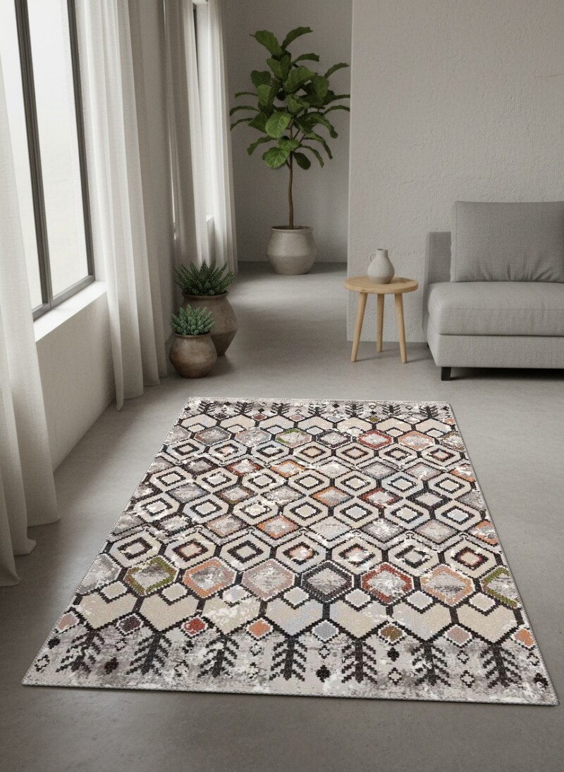 Eskitme Berber Elmas Kafes Çok Renkli Dekoratif Salon Halısı – Krem Siyah Terracotta