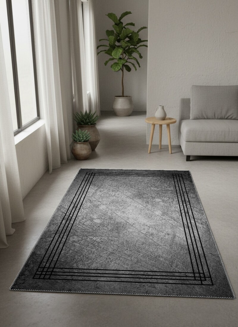 Eskitme Beton Doku Çizikli Endüstriyel Gri Çerçeve Bordürlü Salon Halısı