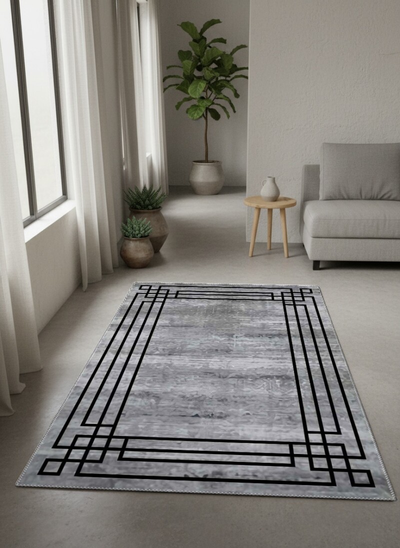 Eskitme Çiçekli Dokulu Art Deco Çerçeveli Dekoratif Salon Halısı – Gri Siyah