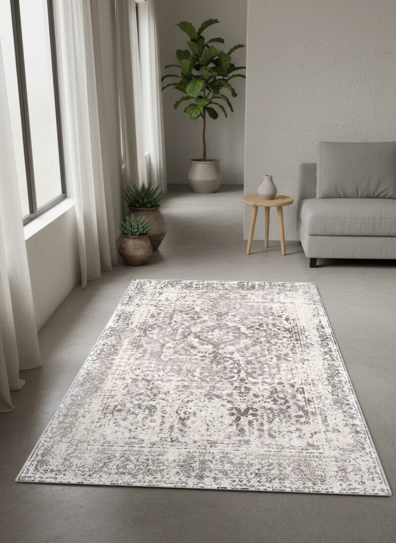 Eskitme Gri Damask Arabesk Tüm Yüzey Desenli Dekoratif Salon Halısı – Gri Beyaz