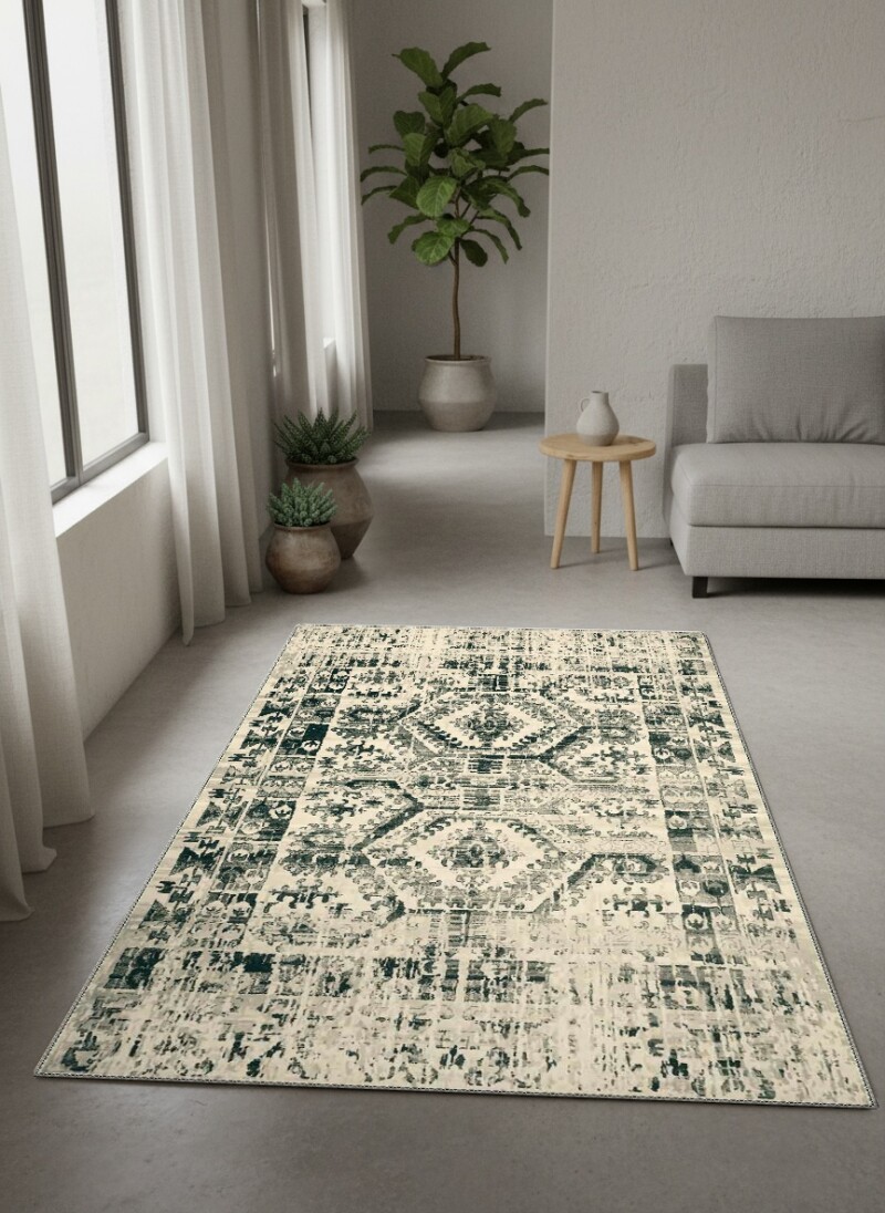 Eskitme İkat Medallion Desenli Dekoratif Salon Halısı – Krem Antrasit Vintage