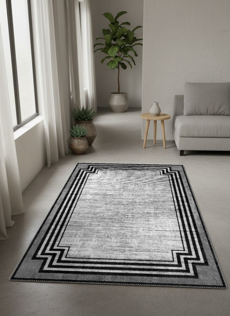Eskitme Köşeli Art Deco Çerçeveli Dekoratif Salon Halısı – Gri Gümüş Siyah