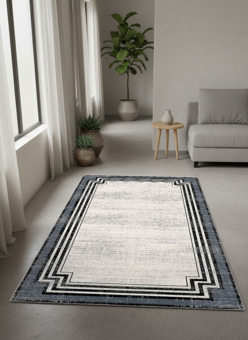 Eskitme Köşeli Art Deco Çerçeveli Dekoratif Salon Halısı – Krem Antrasit