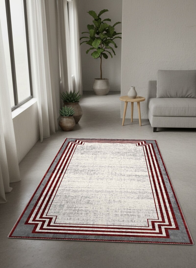Eskitme Köşeli Art Deco Çerçeveli Dekoratif Salon Halısı – Krem Bordo