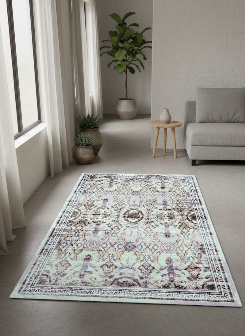 Eskitme Mint Ikat Trellis Madalyon Dekoratif Salon Halısı – Mint Kahve Mor