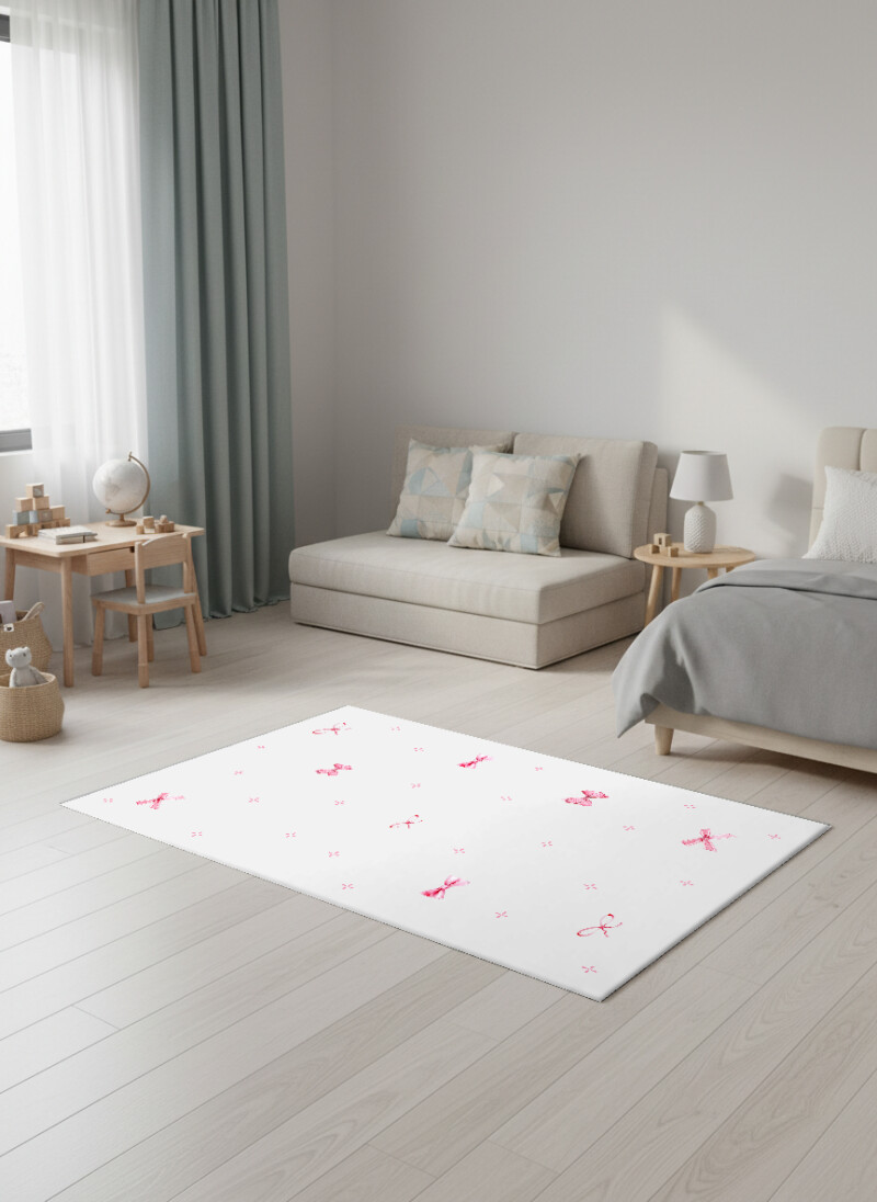 Fiyonklu Kız Çocuk Odası Halısı – Beyaz Pembe Zarif Minimalist