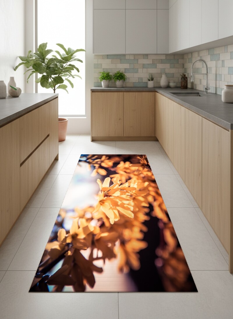 Forsythia Bahar Çiçeği Dekoratif Salon Halısı – Altın Sarı Sıcak Bokeh