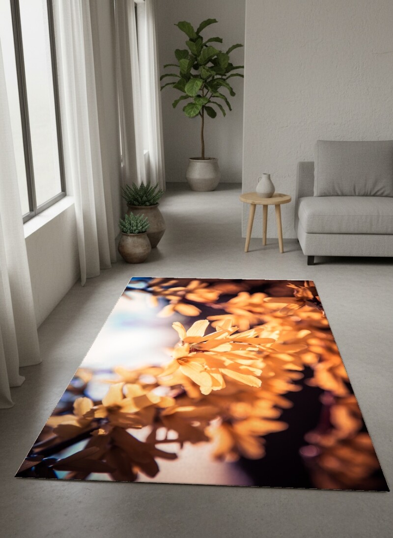 Forsythia Bahar Çiçeği Dekoratif Salon Halısı – Altın Sarı Sıcak Bokeh