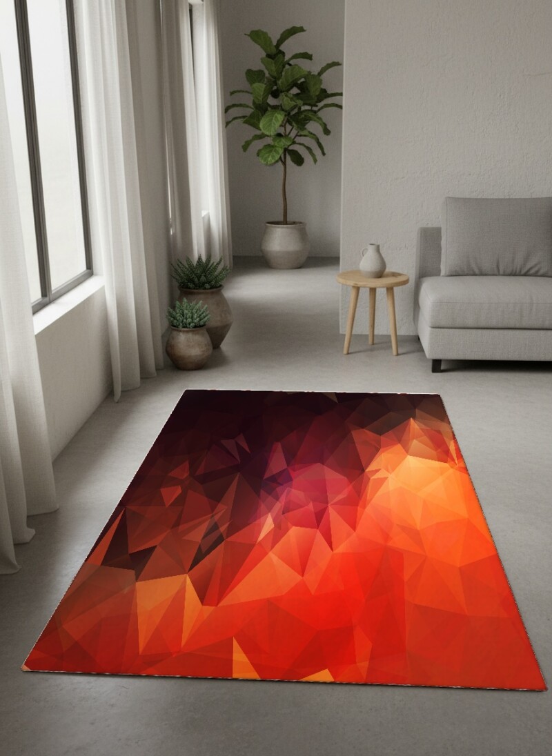 Geometrik Low-Poly Alev Dekoratif Salon Halısı – Kırmızı Turuncu Dramatik