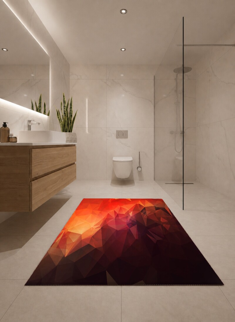 Geometrik Low-Poly Alev Dekoratif Salon Halısı – Kırmızı Turuncu Dramatik