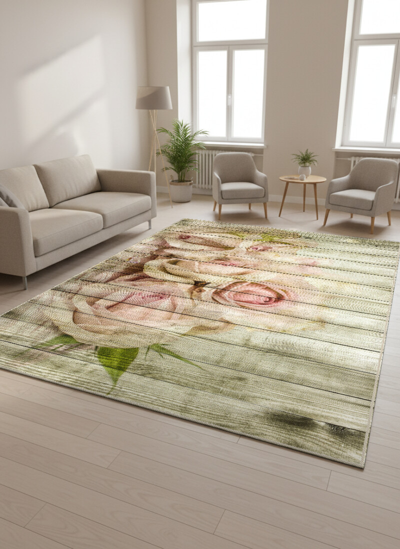 Gül Demeti Dekoratif Mutfak Halısı – Soluk Pembe Güller Yıpranmış Ahşap Vintage Shabby Chic