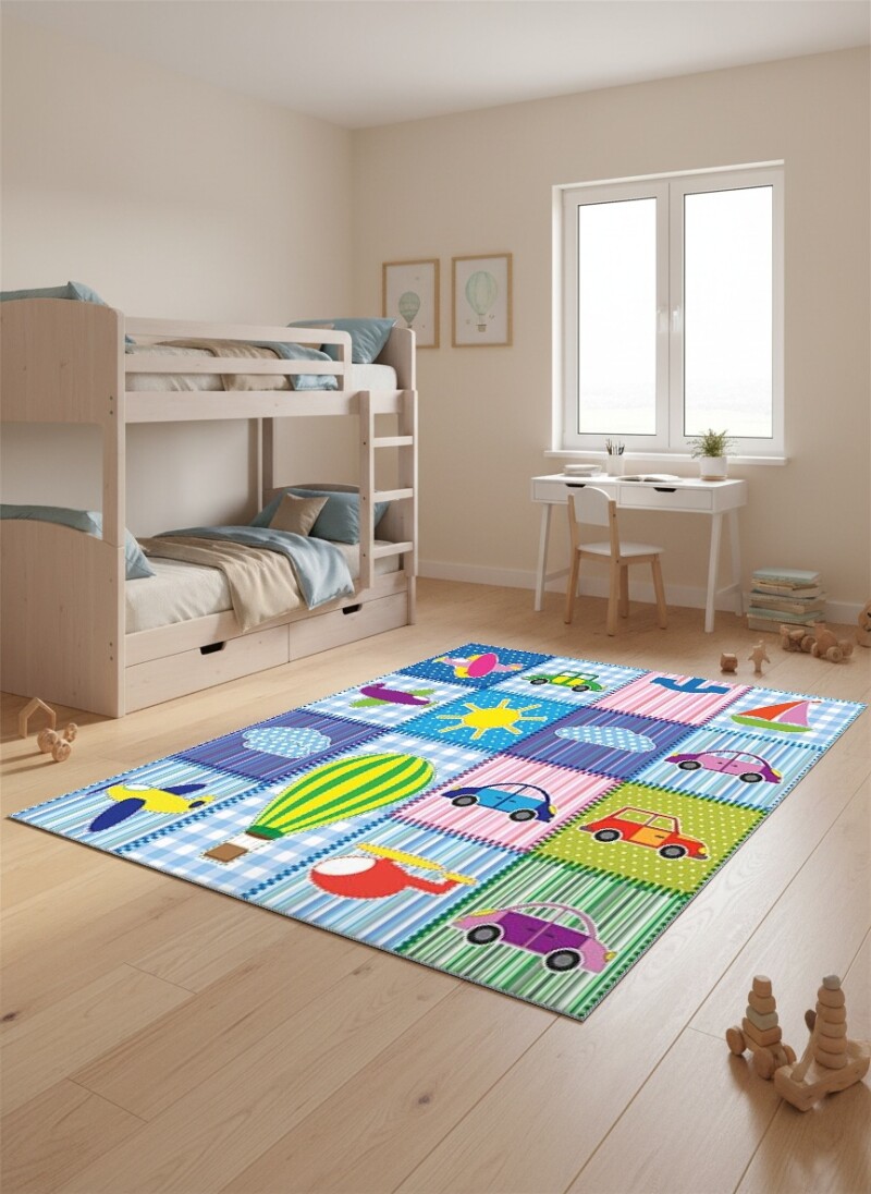 Hava ve Kara Taşıtlı Patchwork Çocuk Odası Halısı