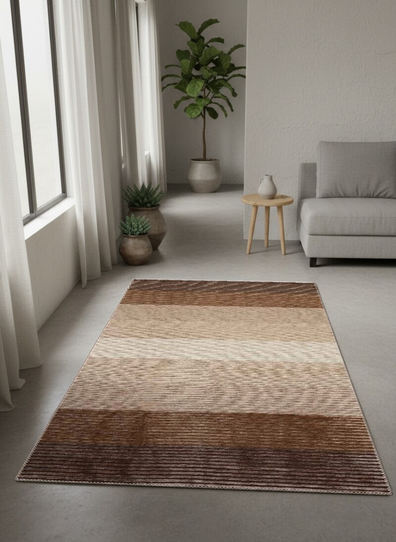Kahve Bej Krem Yatay Ombre Şeritli Sıcak Tonlu Salon Halısı