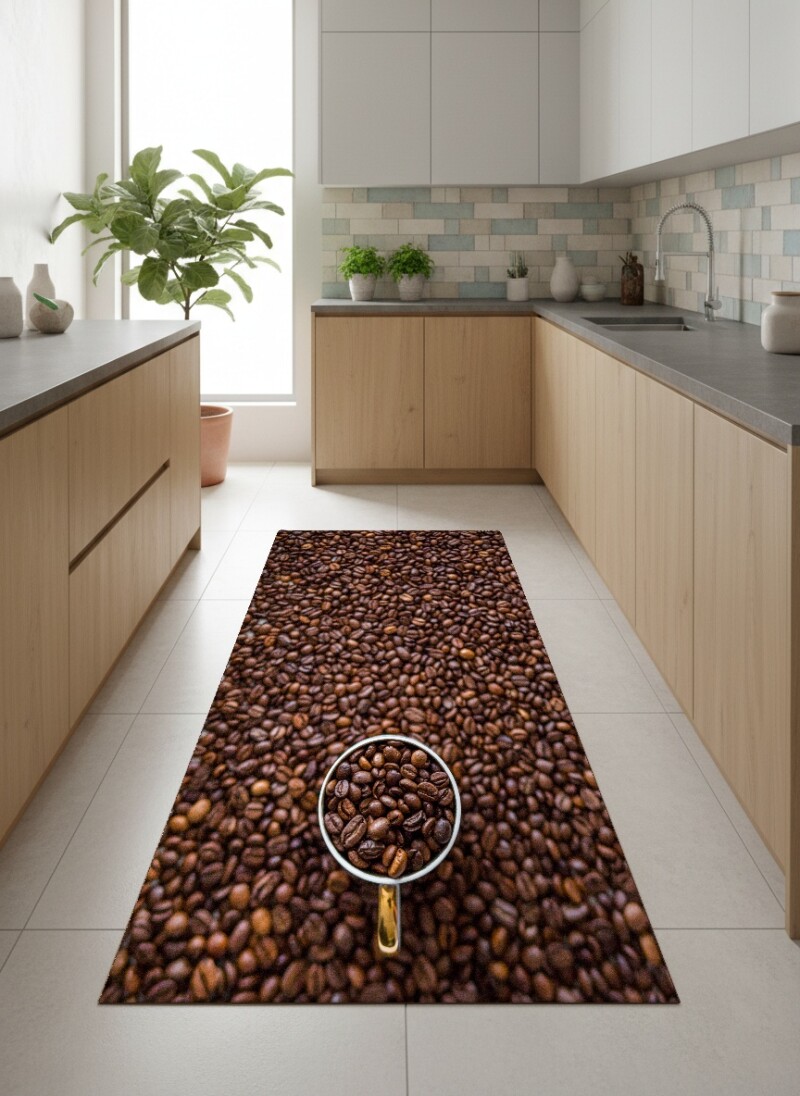 Kahve Çekirdekleri Dekoratif Mutfak Halısı – Koyu Kahve Espresso Aroma Zengin