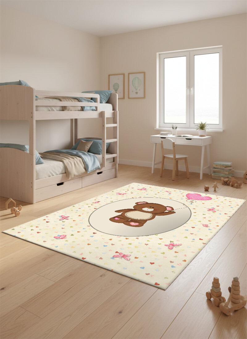 Kalpli Ayıcıklı Kız Çocuk Odası Halısı – Pembe Krem Sevimli Bebek