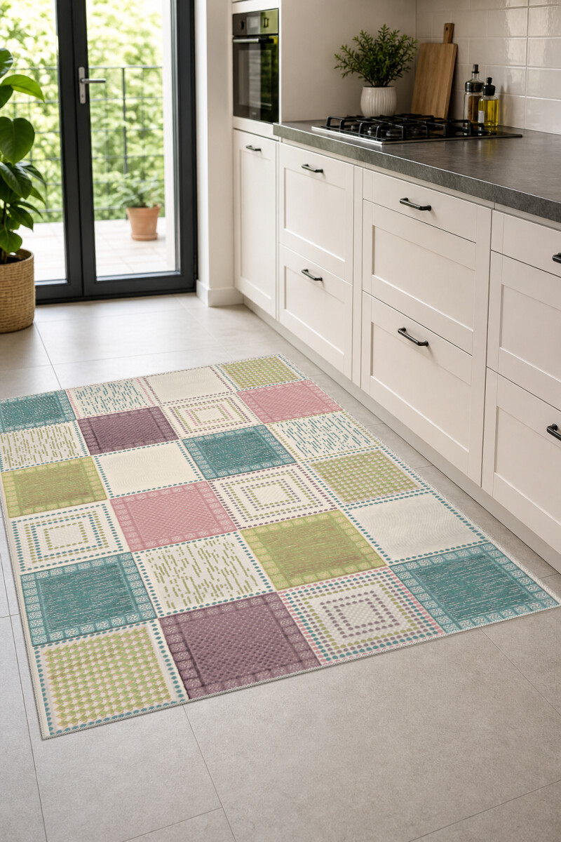 Kare Desenli Dekoratif Mutfak Halısı – Patchwork Kare Teal Pembe Zeytinyağı Nokta Çizgi Pastel
