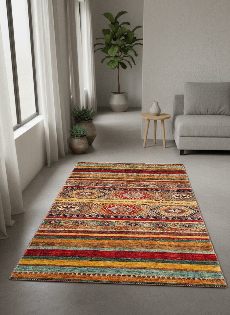 Kazak Kilim Şeritli Geometrik Madalyon Dekoratif Salon Halısı – Çok Renkli