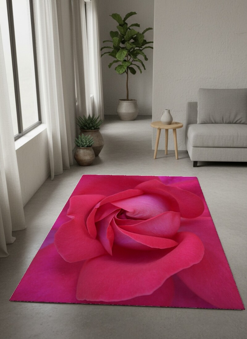 Kırmızı Gül Yakın Plan Dekoratif Salon Halısı – Fuşya Pembe Romantik Makro