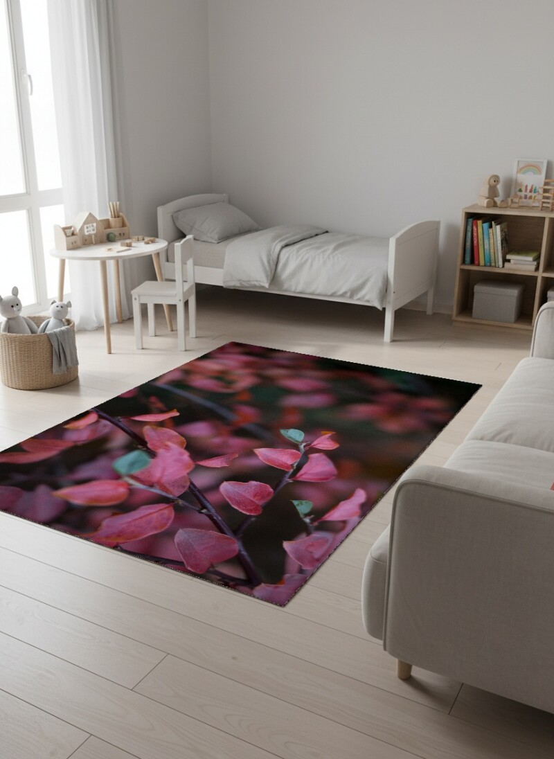 Kırmızı Yapraklar Dekoratif Salon Halısı – Mercan Pembe Sonbahar Narin