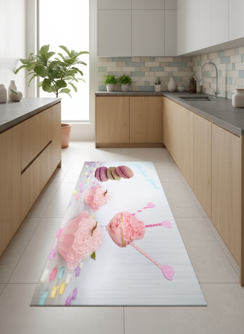 Kitchen Love Mutfak Aşkı Dekoratif Mutfak Halısı – Pembe Macaron Cupcake Pastel Tatlı