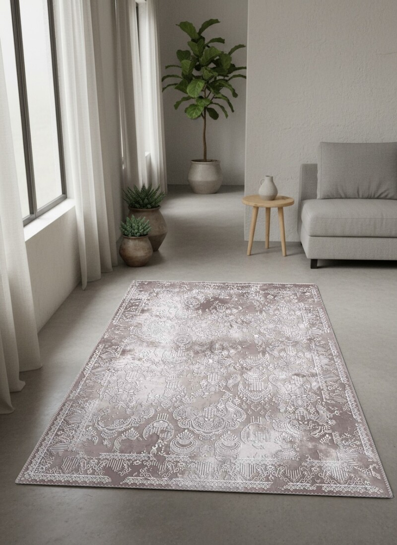 Klasik Osmanlı Damask Eskitme Dekoratif Salon Halısı – Gri Bej Beyaz