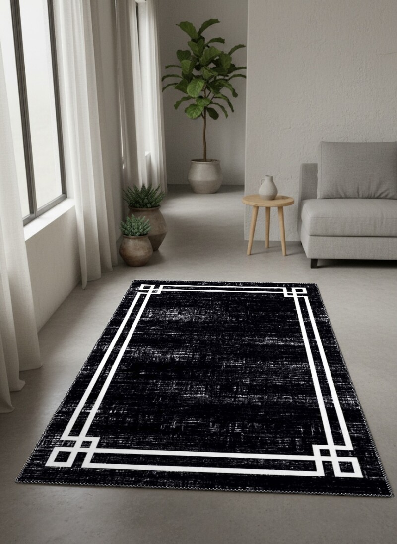 Koyu Keten Dokulu Art Deco Çerçeveli Dekoratif Salon Halısı – Siyah Beyaz