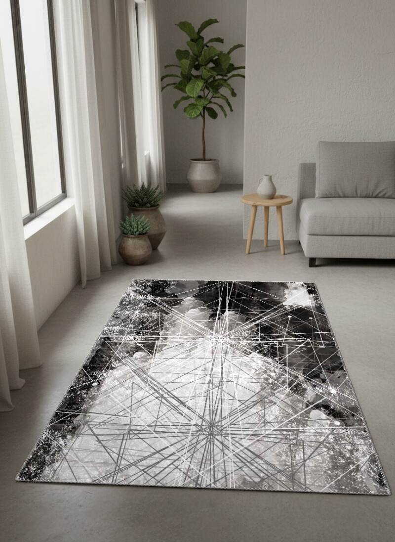 Kutsal Geometri Işın Yıldız Soyut Ekspresyonist Salon Halısı — Siyah Beyaz