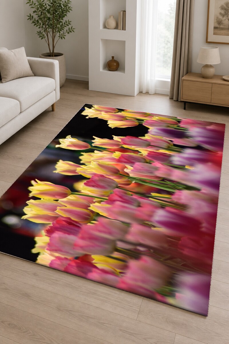 Lale Bahçesi Dekoratif Salon Halısı – Pembe Sarı Mor Canlı Bahar