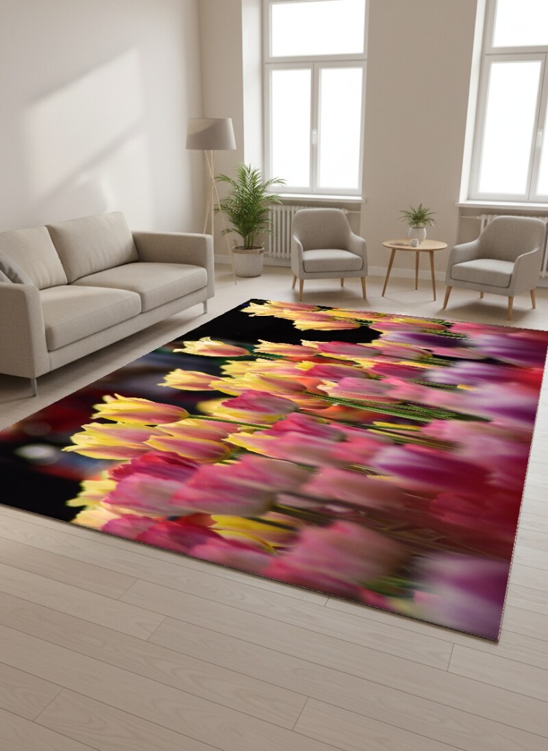 Lale Bahçesi Dekoratif Salon Halısı – Pembe Sarı Mor Canlı Bahar